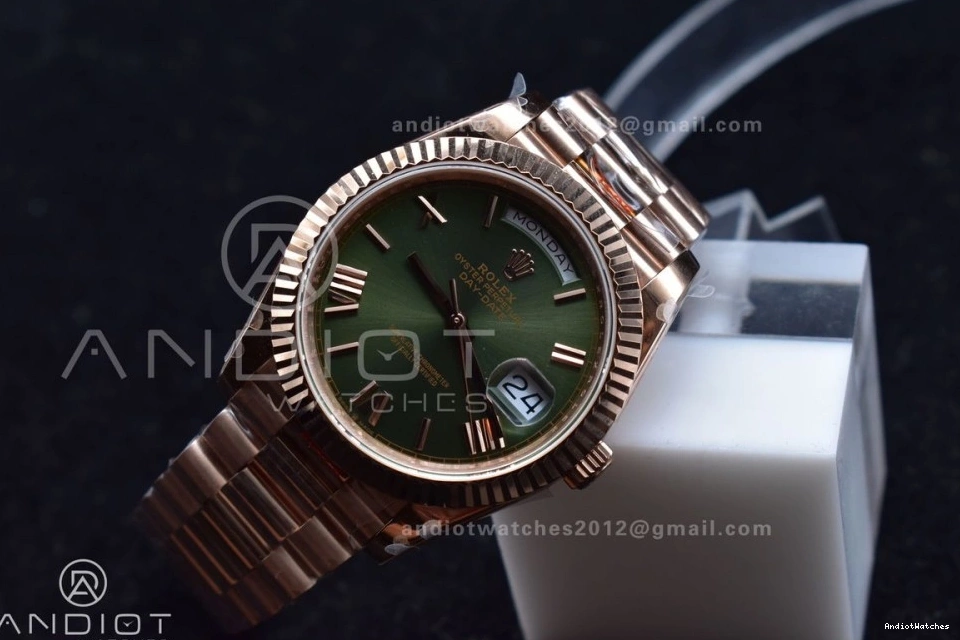 DayDate Markers FashionForward Steel Bracelet RG Roman V 904L on Tungsten GMF President 40 Weighted Dial 709 A2836 Green 1026